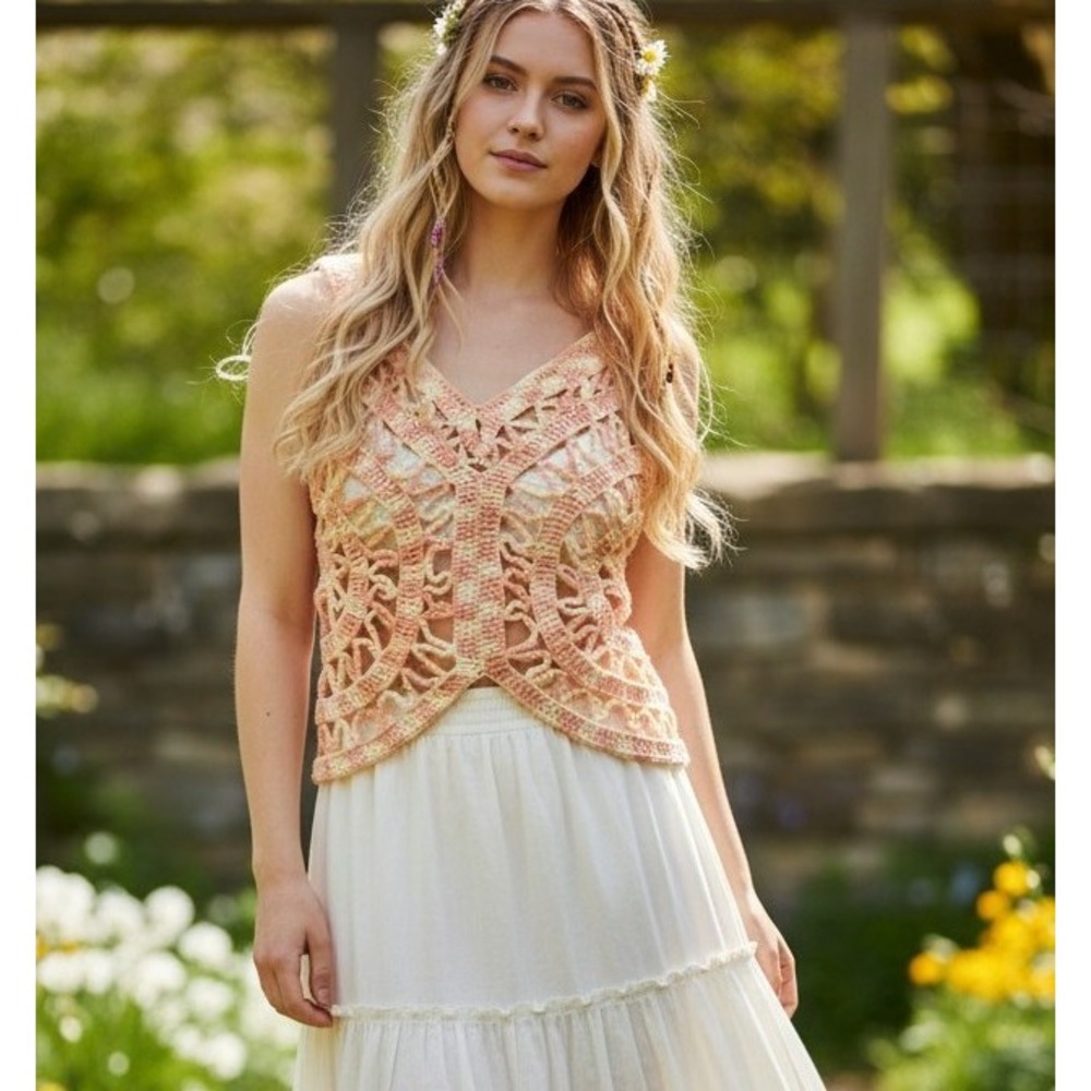 Handmade XS Peach Cream Crochet Butterfly Crop Top Hippie Whimsical Fairycore